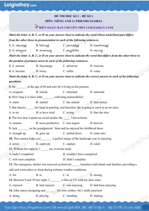 Đề thi học kì 1 Tiếng Anh 11 Friends Global - Đề số 1